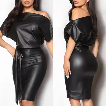 New Women off Shoulder Long Sleeve PU Leather Casual Black Wet Look Bodycon Bandage Party Belted Pencil Cocktail Club Mini Dress