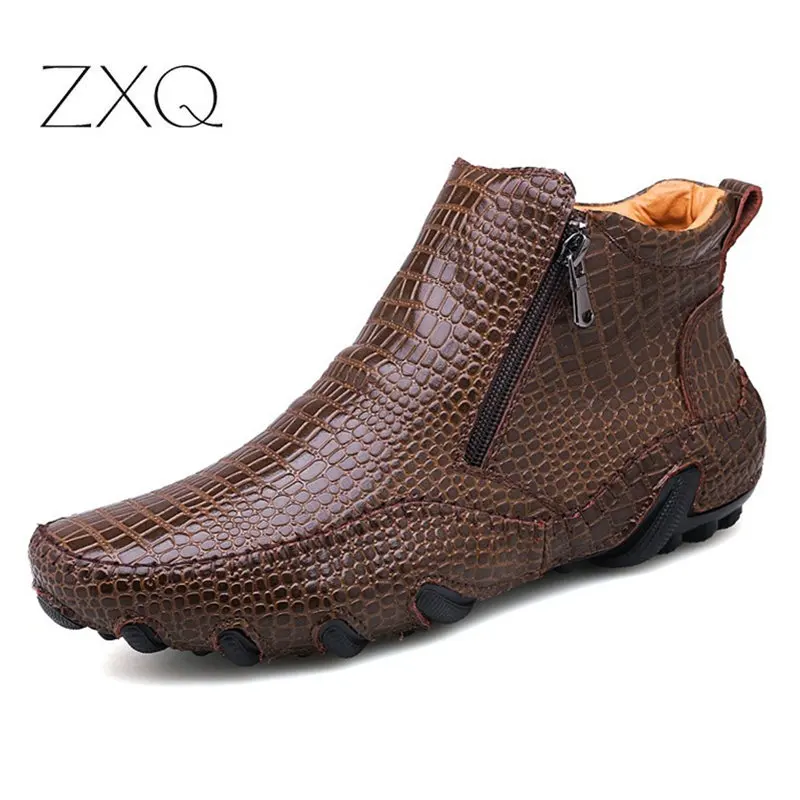Мужские кожаные ботинки с крокодиловым узором коричневые водонепроницаемые