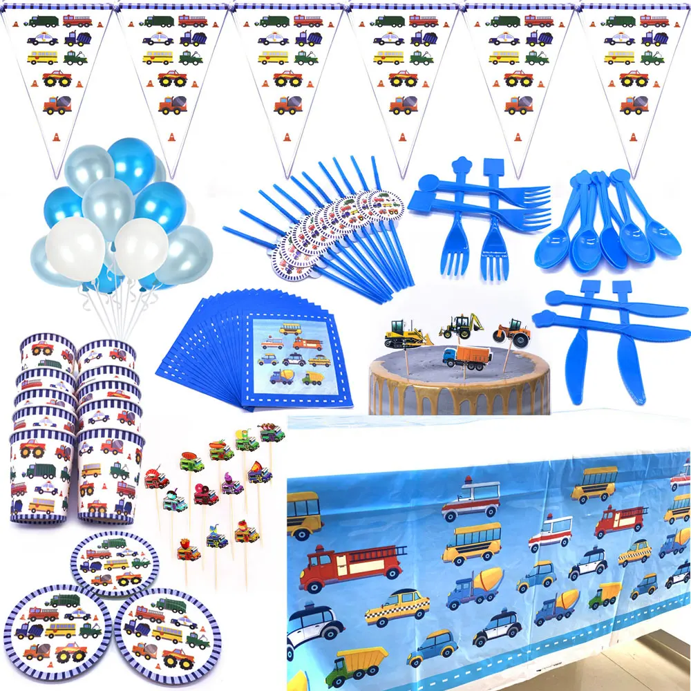 

Kids Favors Construction Engineering Vehicles Theme Birthday Party Supplies Plates Cups Flags Napkin Straws Disposable Tableware