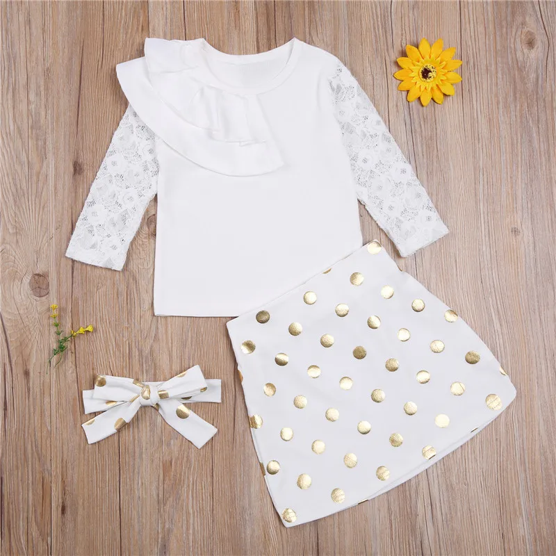 

1-6T kids Baby Girl 3PCS Baby Girls Fall Clothes, Floral Lace Long Sleeve Ruffle Top + Mini Skirt + Headband Set