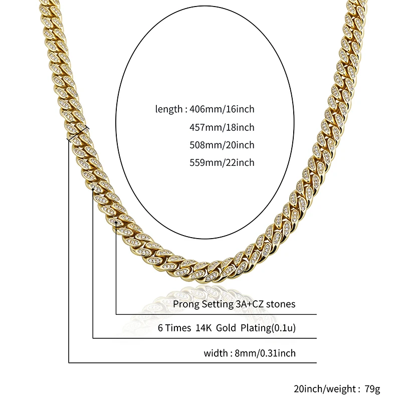 

JINAO 8mm HIP HOP High Quality Personality Iced Out AAA+ CZ Miami Cuban Chain Iced Necklace Men and Women Jewelry For Gift