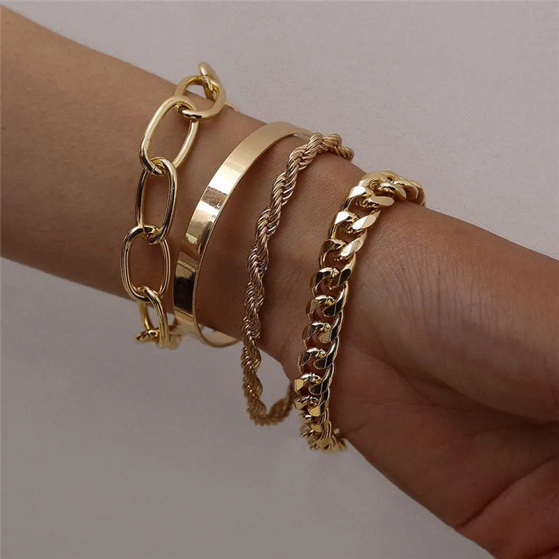 

Punk Vintage Curb Cuban Chain Bracelets Set for Women Miami Boho Thick Gold Color Charm Bracelets Bangles Fashion Jewelry