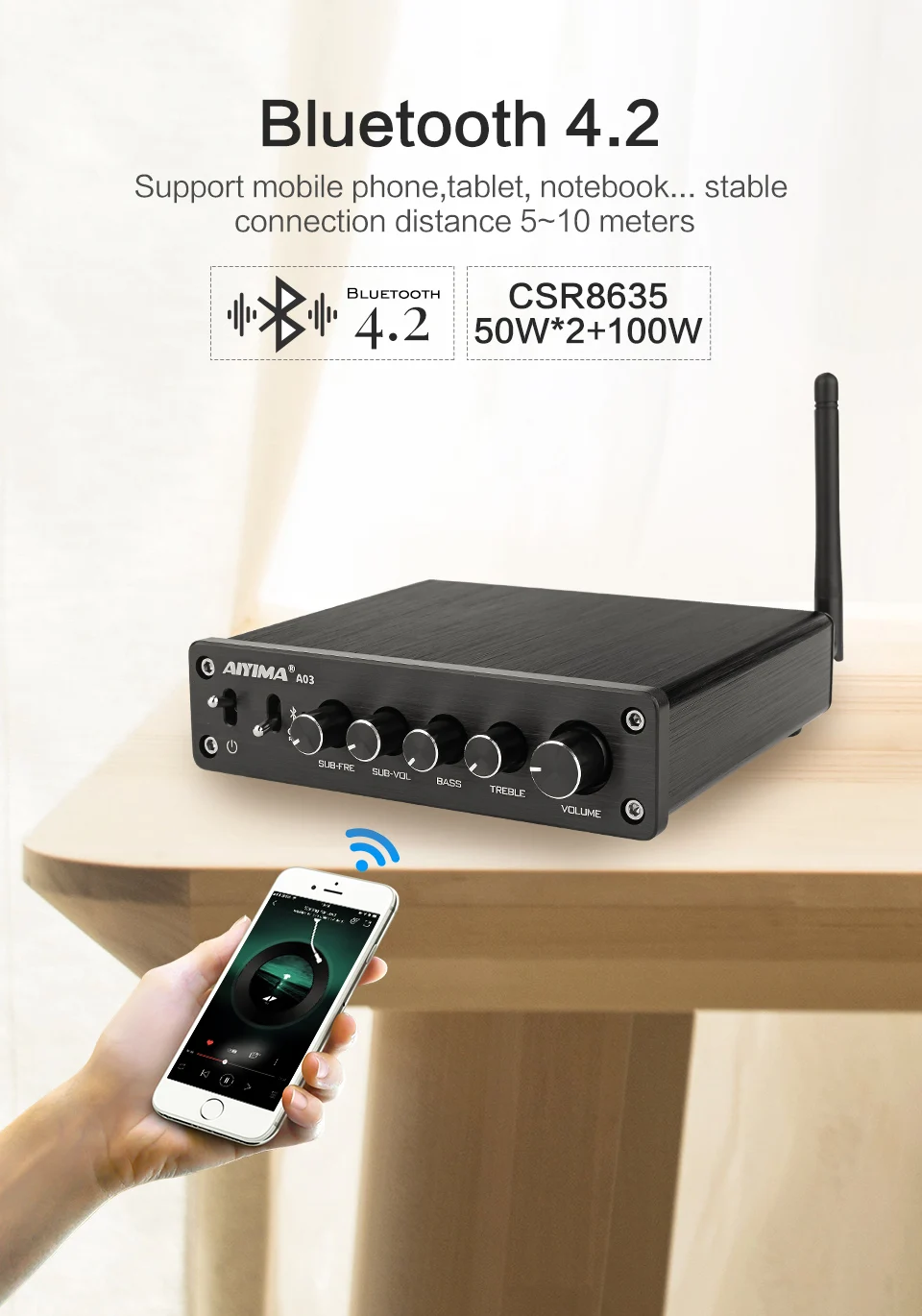 AIYIMA TPA3116 усилитель сабвуфера аудио Bluetooth усилитель звука 2,1 50Wx2+ 100 Вт HiFi TPA3116D2 цифровой усилитель мощности дома