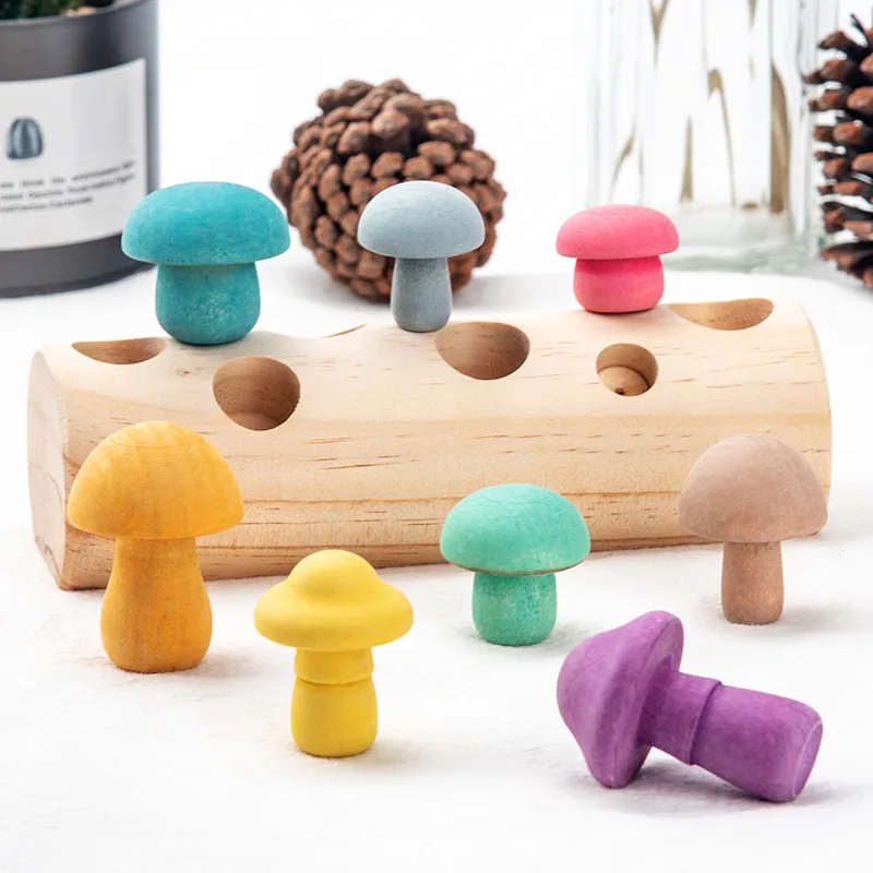 

Деревянные радужные блоки, игра Монтессори для сбора грибов, Обучающие деревянные детские игрушки, развивающая форма, подходящая сборка, за...