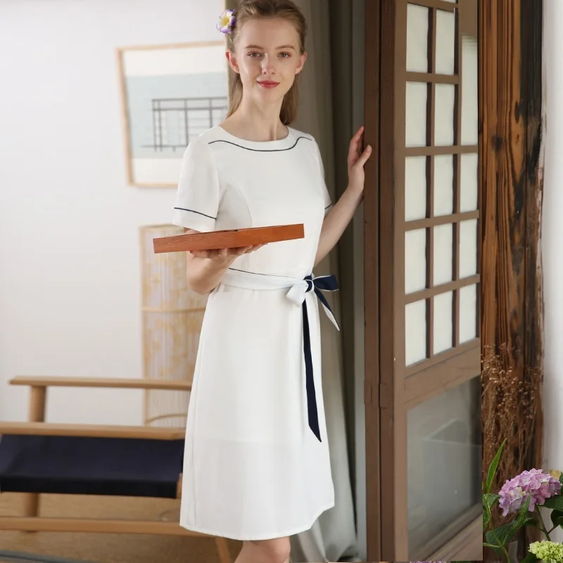 2020 мод с коротким рукавом белый салон красоты платье косметолога Корея Slim Fit