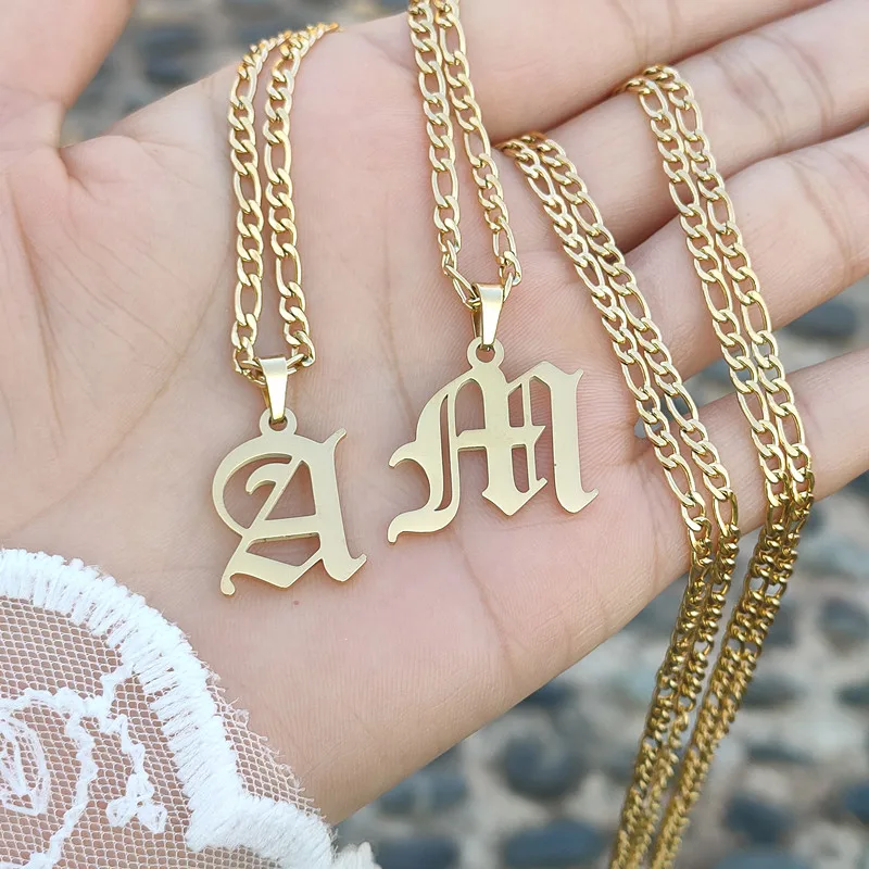 

Initial Letter Pendant Necklace Hip Hop Jewelry Figaro Chain A-Z Alphabet Old English Necklaces Women Men Stainless Steel Collar