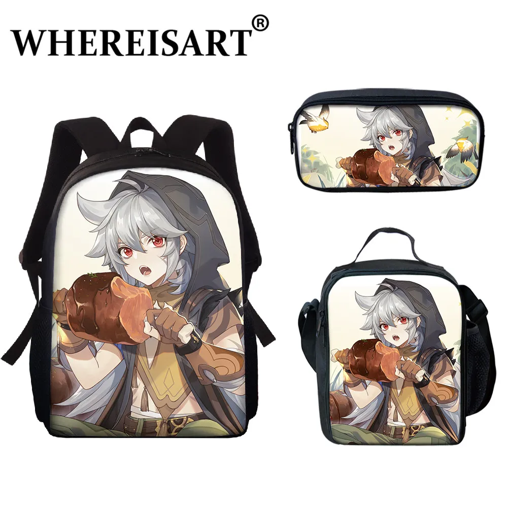 

WHEREISART Fashion Game Genshin Impact Unisex 3pcs/Set Backpack School Bag Zipper Lunch Package Razor Pattern Pencil Boxes Gift
