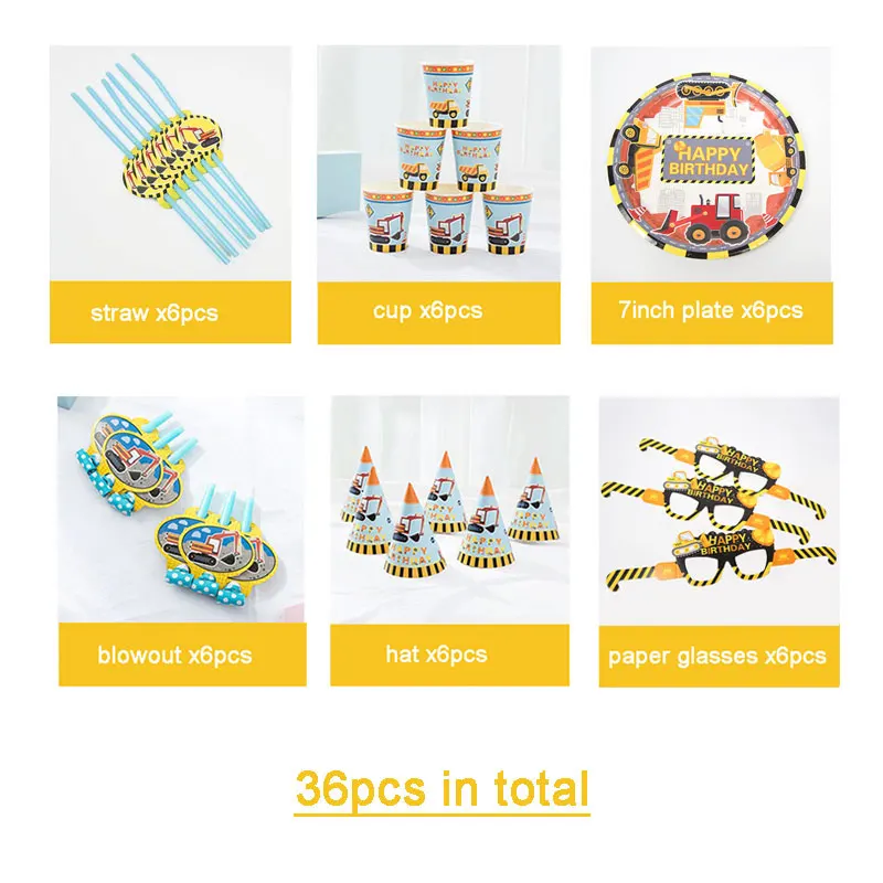 36pcs/set for 6 Person Engineering Vehicle Truck Party Decorations Happy Birthday Tableware Set Hat Blowouts Kids Baby Boy | Дом и сад