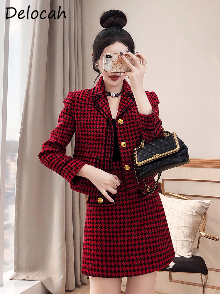

Delocah Новинка 2021, зимний женский модный подиумный комплект юбок с длинным рукавом, пальто + клетчатые мини-юбки с высокой талией, костюмы из 2 п...
