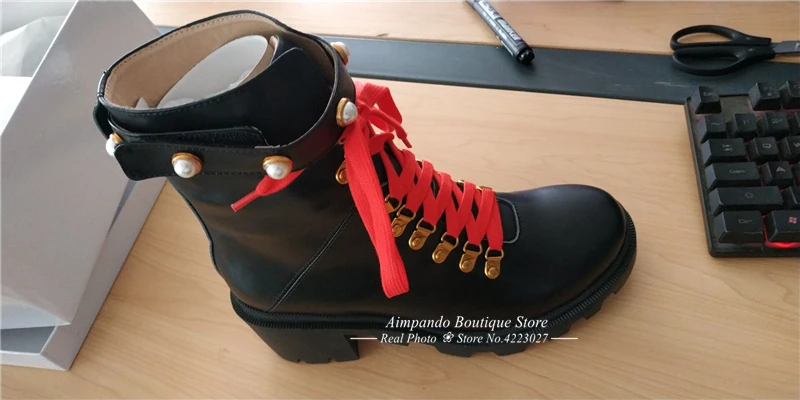 Real Leather Black Ankle Boots Women Round Toe Mixed Color Pearl Rivet High Heel Boots Woman Fashion Martin Boots