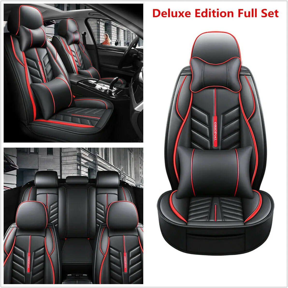 

Universal black & red PU Leather Car Seat Cover Full Surrounded Pad Cushions