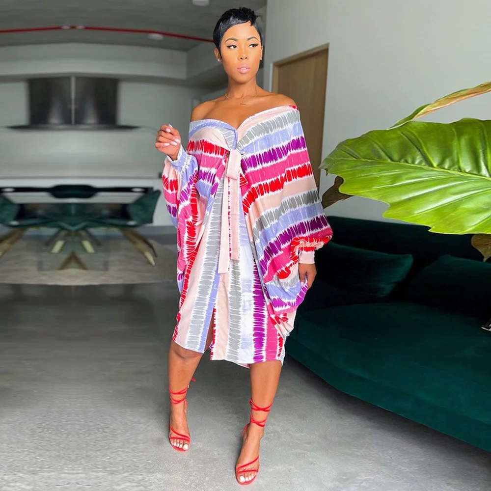 

Striped Tie Dyeing Print Women Blouse Shirt Dress Summer Clothing Turn Down Collar Full Sleeve Loose Vestidos Buttons Up Dress