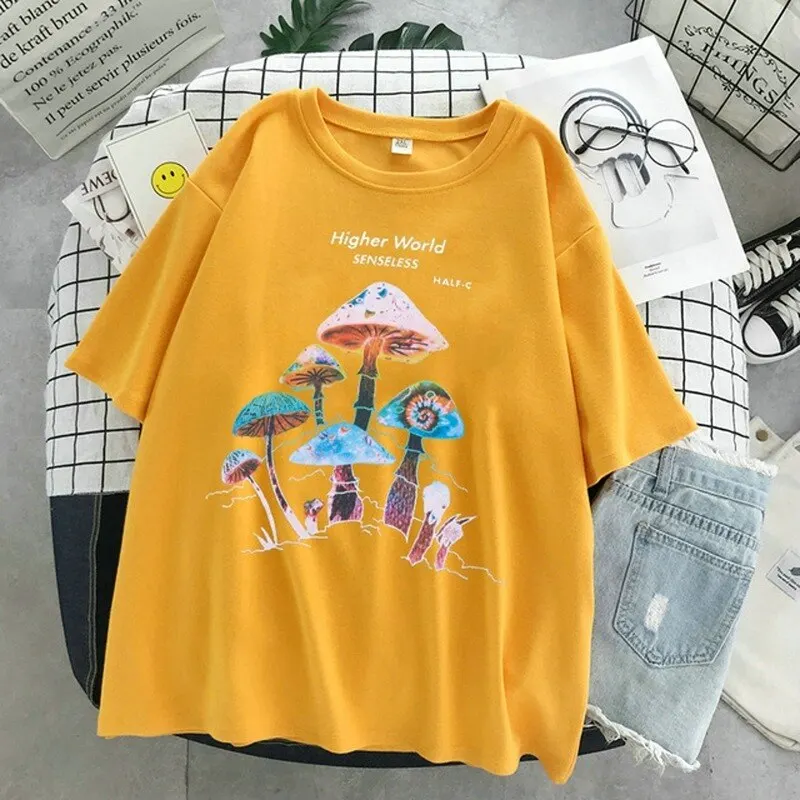 

Harajuku Colorful Mushroom Print T-shirt Street casual Streetwear 2021 Harajuku Casual Pullover T-shirt Female Mens Fashion Tops