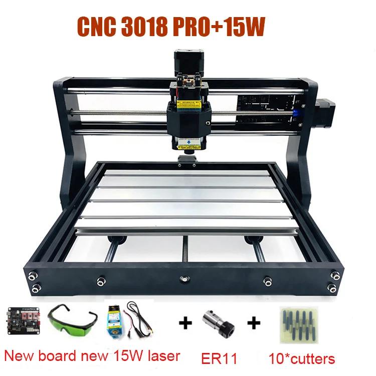 Малый CNC 3018 PRO 5,5 Вт 15 Вт Лазерный фрезерный станок с программным обеспечением GRBL может добавить 500 МВт/2500 мвт/5500 МВт лазер - Цвет: with 15W laser