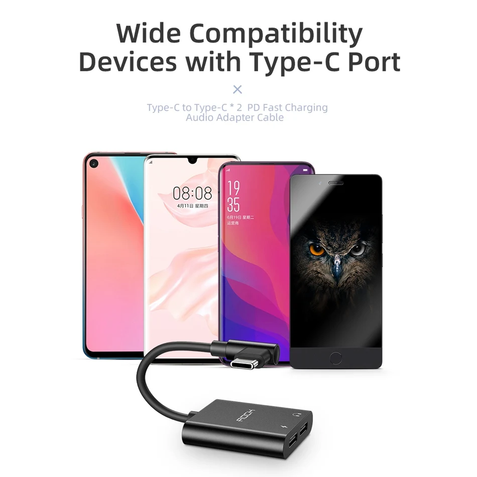 ROCK 2 в 1 двойной разъем type-C адаптер 60 Вт PD 3A Быстрая зарядка USB C наушники Aux разделитель для аудиокабеля конвертер для мобильных телефонов