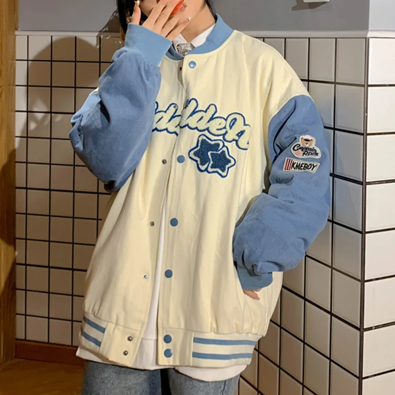 

Women Embroidery Baseball Uniform Autumn Korean Style Harajuku Streetwear Coat Loose Oversize BF Stitching Jacket Outerwear 2021