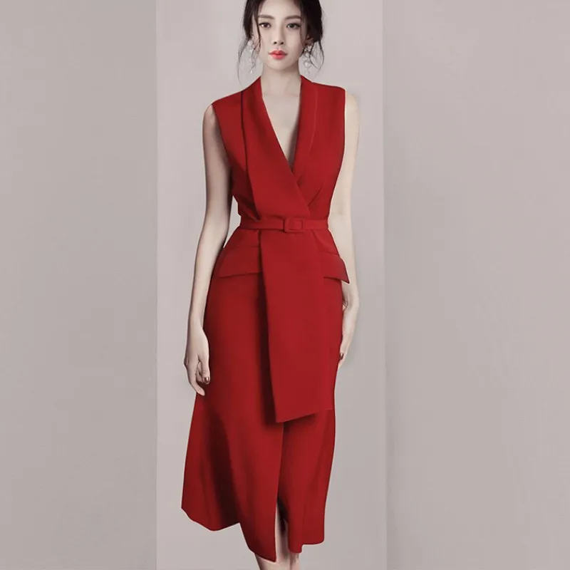 

Новинка 2020, высокое качество, летний женский винтажный жилет, Блейзер, платье для девушек, сексуальный v-образный вырез, без рукавов, элегант...