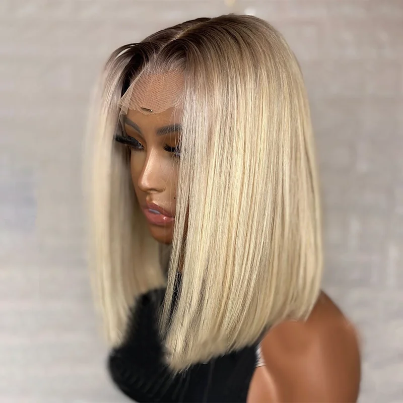 Black Blonde Short Bob Ombre Wig Colored Lace Part Human Hair Wigs For Women 1b/613 Straight Brazilian 100% Natural hair | Шиньоны и