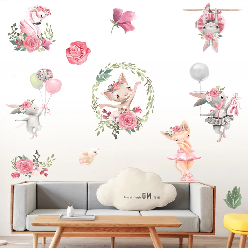 Zollor Cartoon Rabbit Balloon The Ballet Girl Environmental Protection Wall Sticker Drawing Room Bedroom Decorative Stickers | Дом и сад