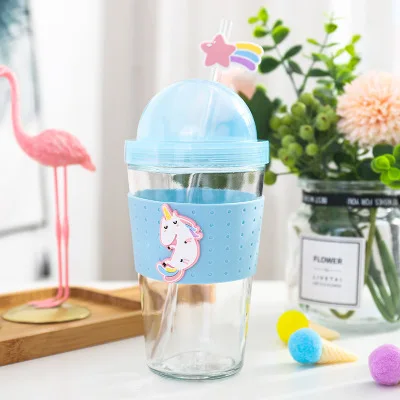 Blue Boxi Kpop Kawaii стеклянная бутылка для воды для девочек, мультяшная Милая бутылка для воды для детей и взрослых, чашка для воды с крышкой и соломенными ручными чашками - Цвет: Blue