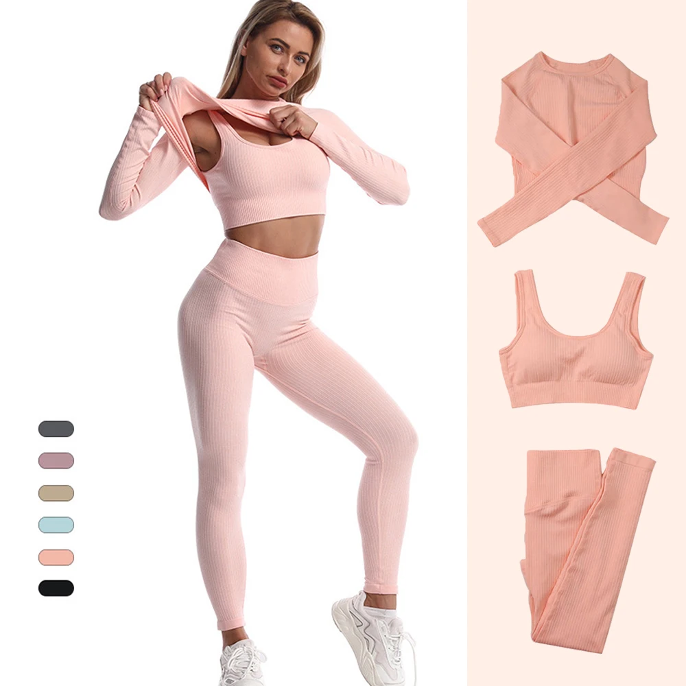 

Женские комплекты одежды из бюстгальтера, топа, леггинсов, комплект из 3 предметов, футболка с длинным рукавом, бесшовные брюки с высокой тал...