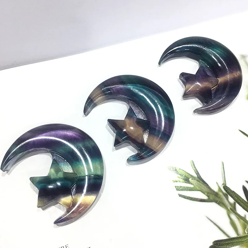 

Натуральный красочный Радужный флюорит Луна и звезда, народные ремесла, лечебный камень для украшения дома