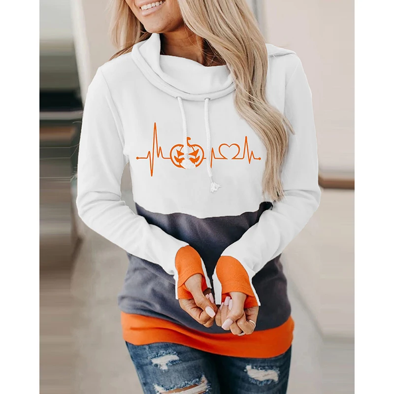 

Halloween Print Hooded Hoodies Women 2021 Autumn Full Sleeve Patchwork Casual Loose Office Sweatshirt Top Female Fashion SJ8679C