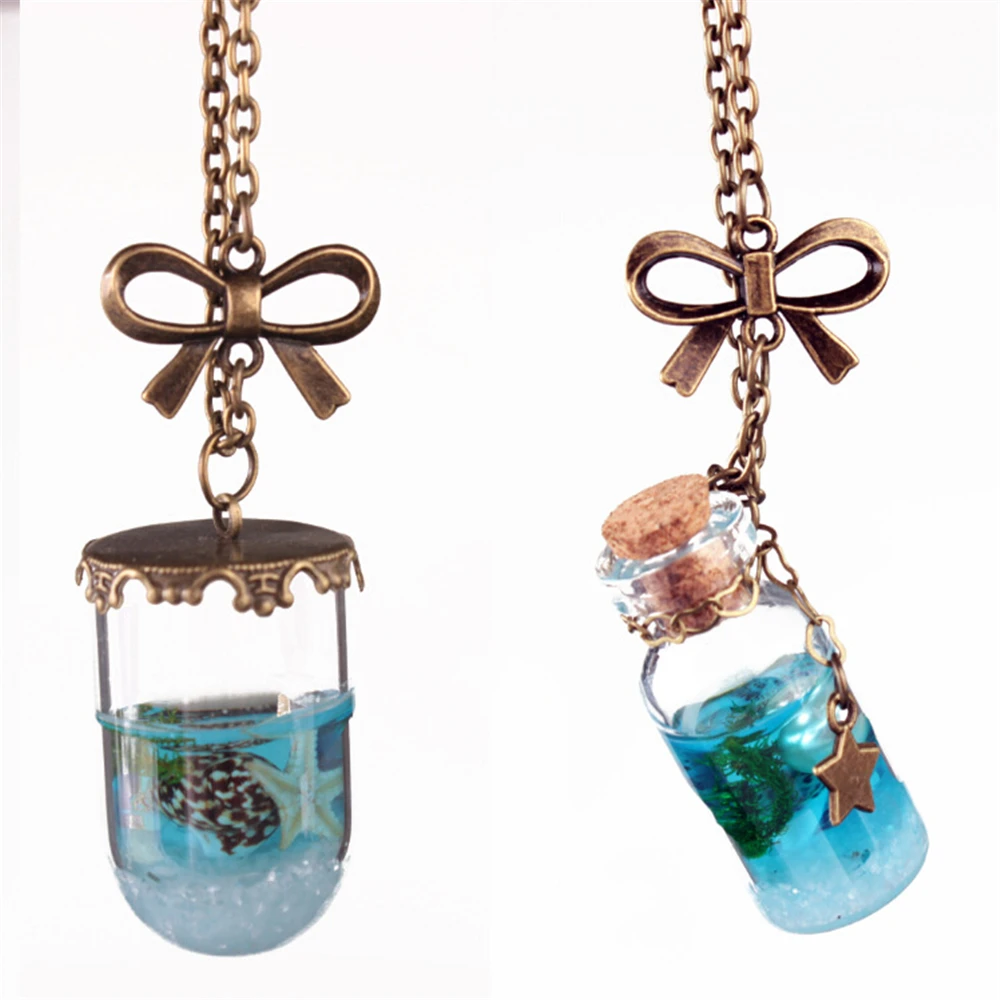 

Vintage Mermaid Tears Shells Star Boat Wishing Bottle Necklace Blue Ocean Sea Glass Bottle For Women Men Jewelry New Hot