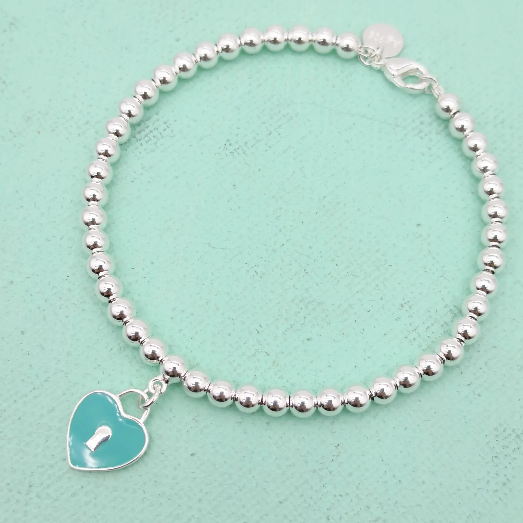 

New women's S925 sterling silver blue green enamel heart-shaped lock 4mm round beads beaded bracelet sweet jewelry for lovers