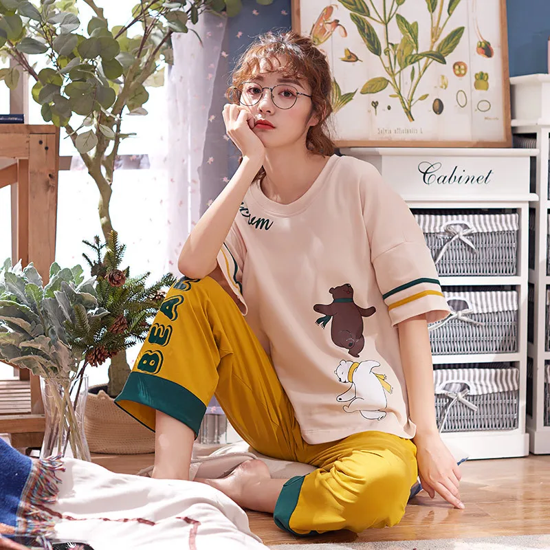

2021 Women Pajamas Sets Plus Size Femme Nighty Casual Homewear Loungewear Cotton Sleepwear Cartoon O-Neck Pijama Pyjamas pajama