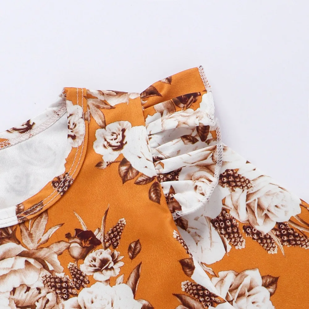 Топ с оборками и цветочным принтом для маленьких девочек + оранжевые однотонные