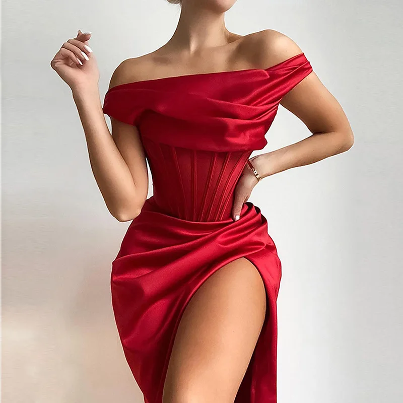 

Sexy Midi Dress Women 2021 Spring Summer Robe Elegant Solid Fashion One Shoulder Party Slim Split Dresses For Women Vestidos