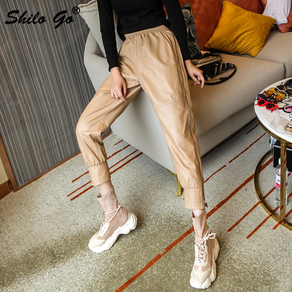 

Safari Style Harem Pants Womens Streetwear Elastic Waist Solid Genuine Leather Pencil Pants Zipper Detail Sheepskin Trousers