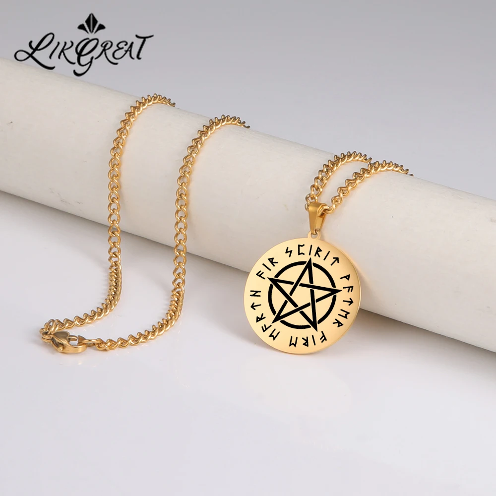 

LIKGREAT Wicca Pentagram Runes Talisman Amulet Pendant Necklace Witchcraft Pentacle Golden Stainless Steel Jewelry Gifts Pagan