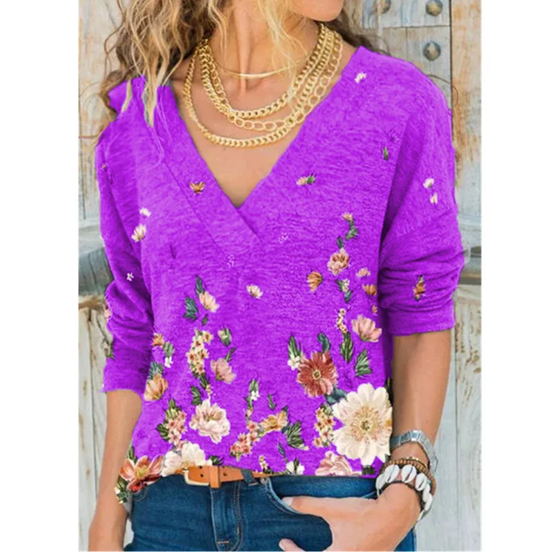

Elegant V-Neck Women Spring Autumn New Fashion Long Sleeve Pullover Tops Vintage Floral Print Lady Tee Shirts Plus Size 5XL