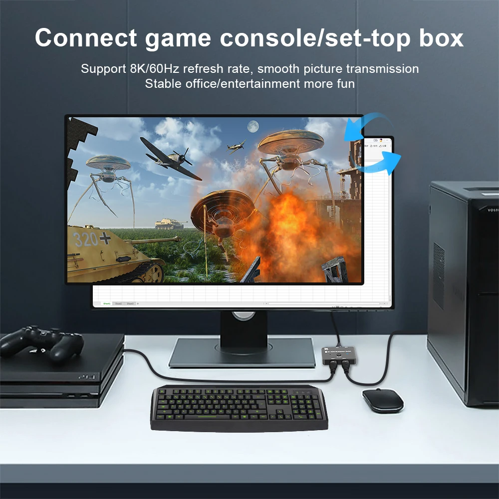 Двунаправленный HDMI-совместимый разветвитель переключателя 8K 1x2 или 2x1 KVM-адаптер @