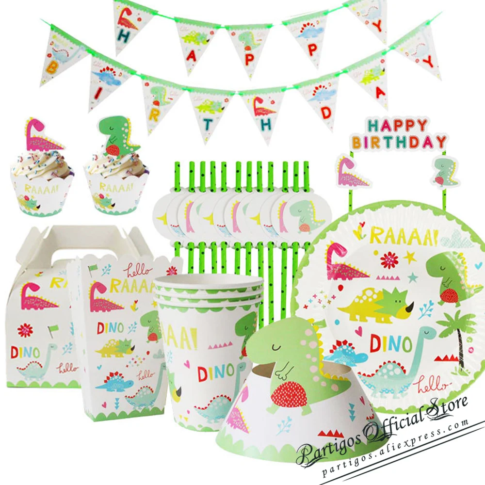 

Dinosaur Theme Party Tableware Set Disposable Paper Cup Plate Tablecloth Cake Topper Happy 1st Birthday Party Supplies for boys