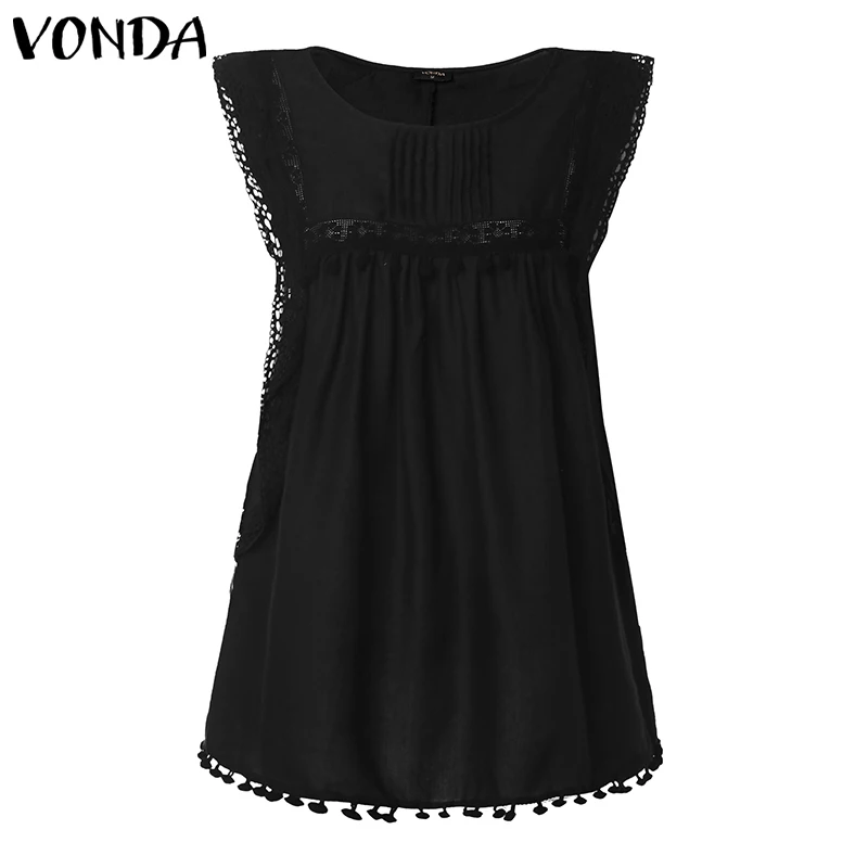VONDA, женская летняя блузка-туника, топы без рукавов, кружевные открытые майки с рукавом-бабочкой, с кисточками, сексуальная блуза, Повседневная рубашка размера плюс - Цвет: Black