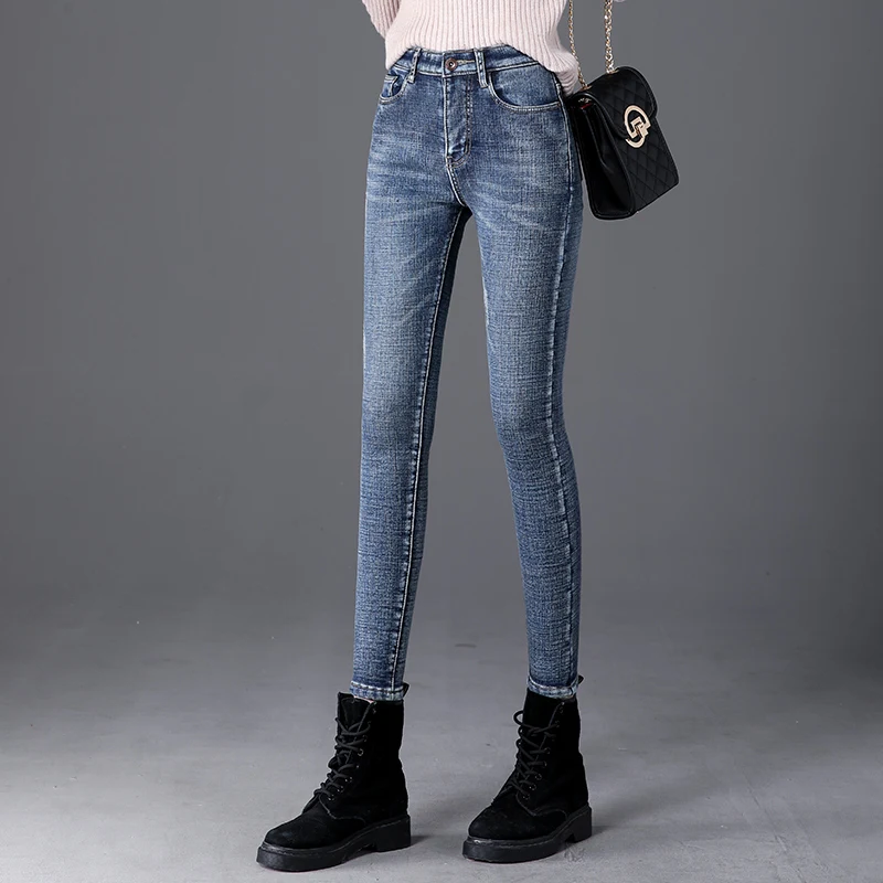 Winter Fleece Warm Thick Plus Velvet Skinny Mom Jeans For Women High waist Slim fit Female Stretch Denim Pencil Pants