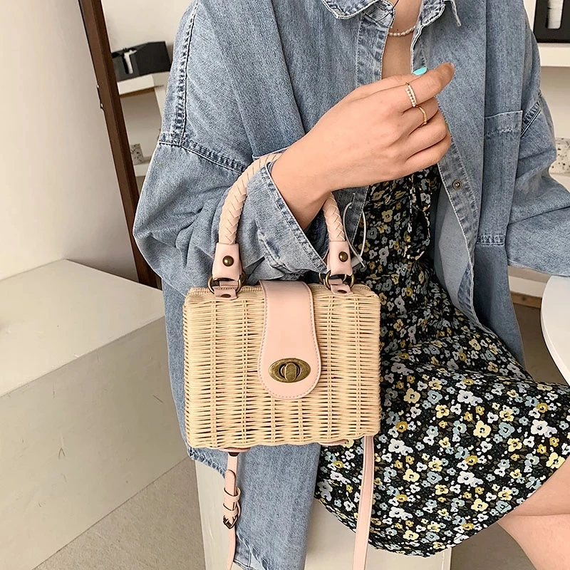 Mini Straw Crossbody Shoulder Bags for Women 2021 Summer Luxury Handbags and Purses Beach Travel Weave Square Totes Fashion