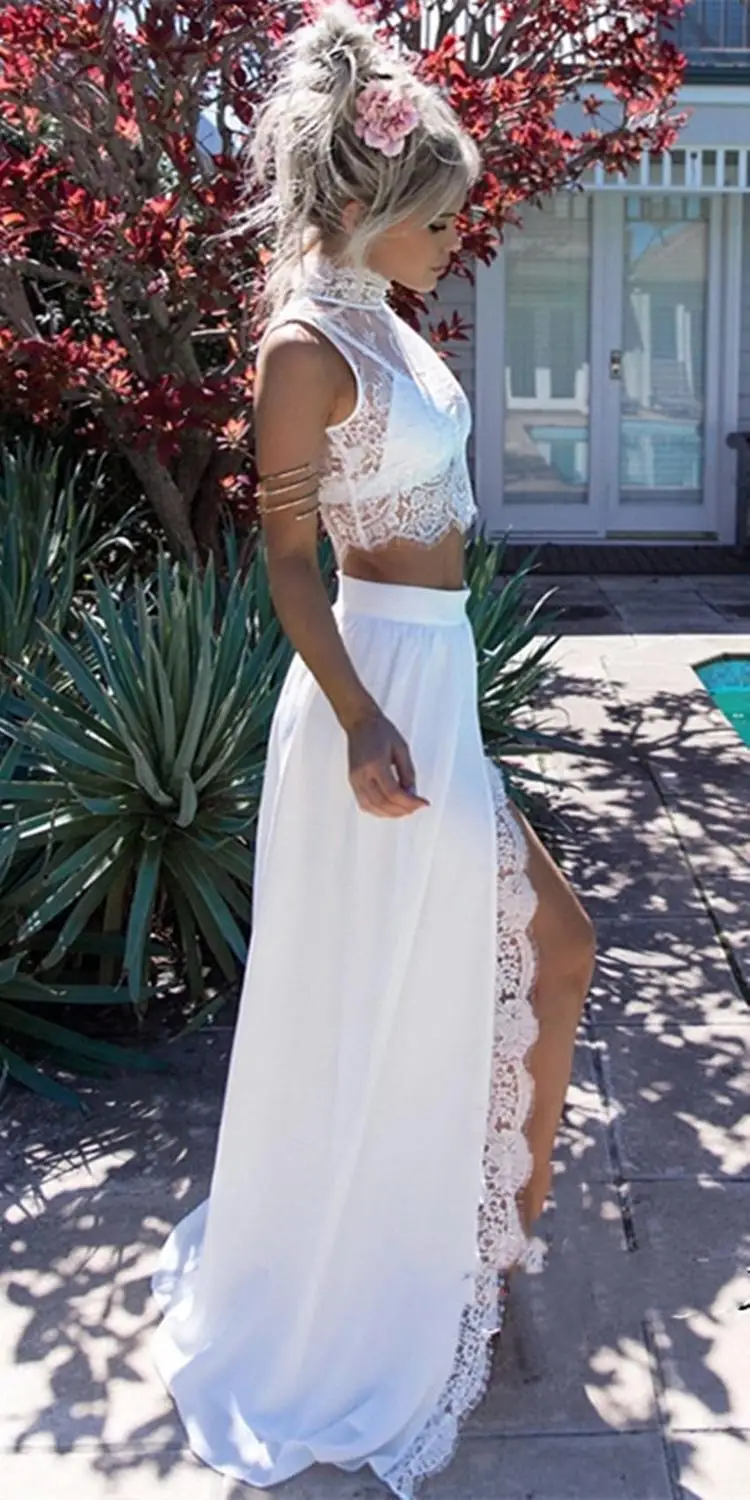 Изысканное свадебное платье Пляжное простое белое с высоким вырезом длинным