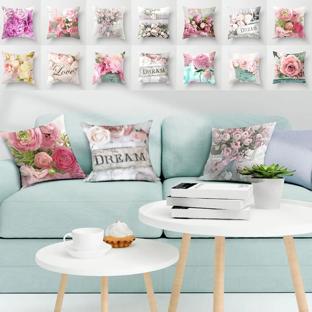 

45x45cm Printing Pillowcase Home Textile New Country Rose Mediterranean Pillow Nordic Sofa Bedside Cushion Peach Velvet Decor