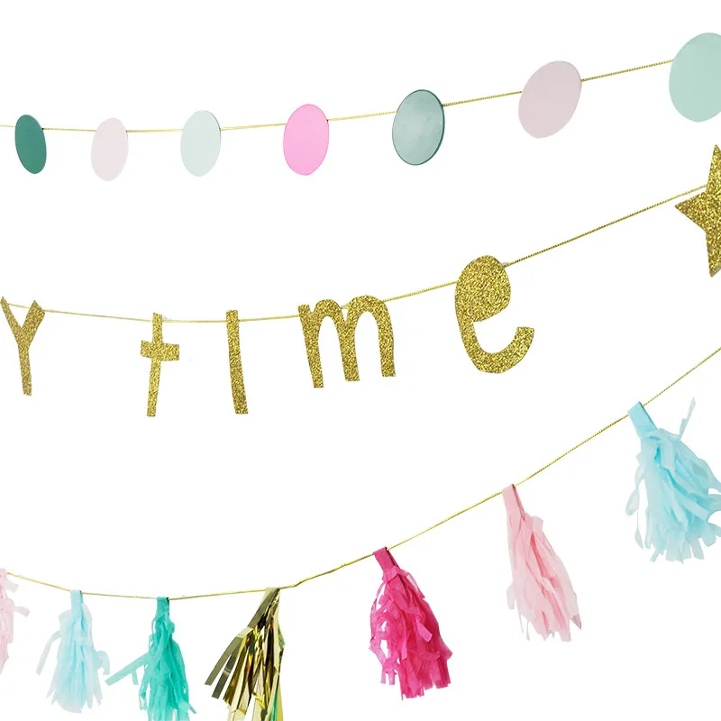 

1 Set Creative Three Lines Party Time Paper Bunting Banners Colorful Dot Tassel Garland for Birthday Wedding Party Decorations