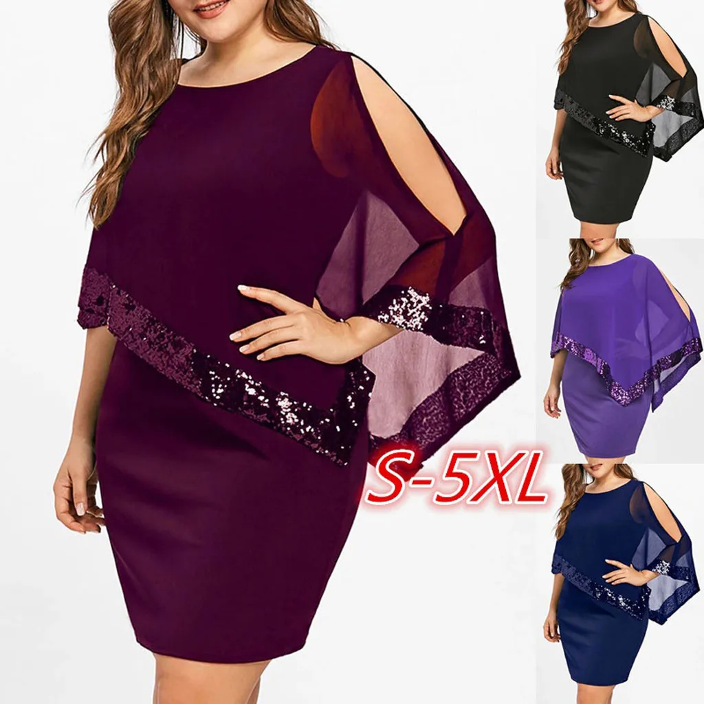 

New Summer Dresses Women Plus Size Cold Shoulder Overlay Asymmetric Chiffon Strapless Sequins Dress Vestidos Beach Sundress#g