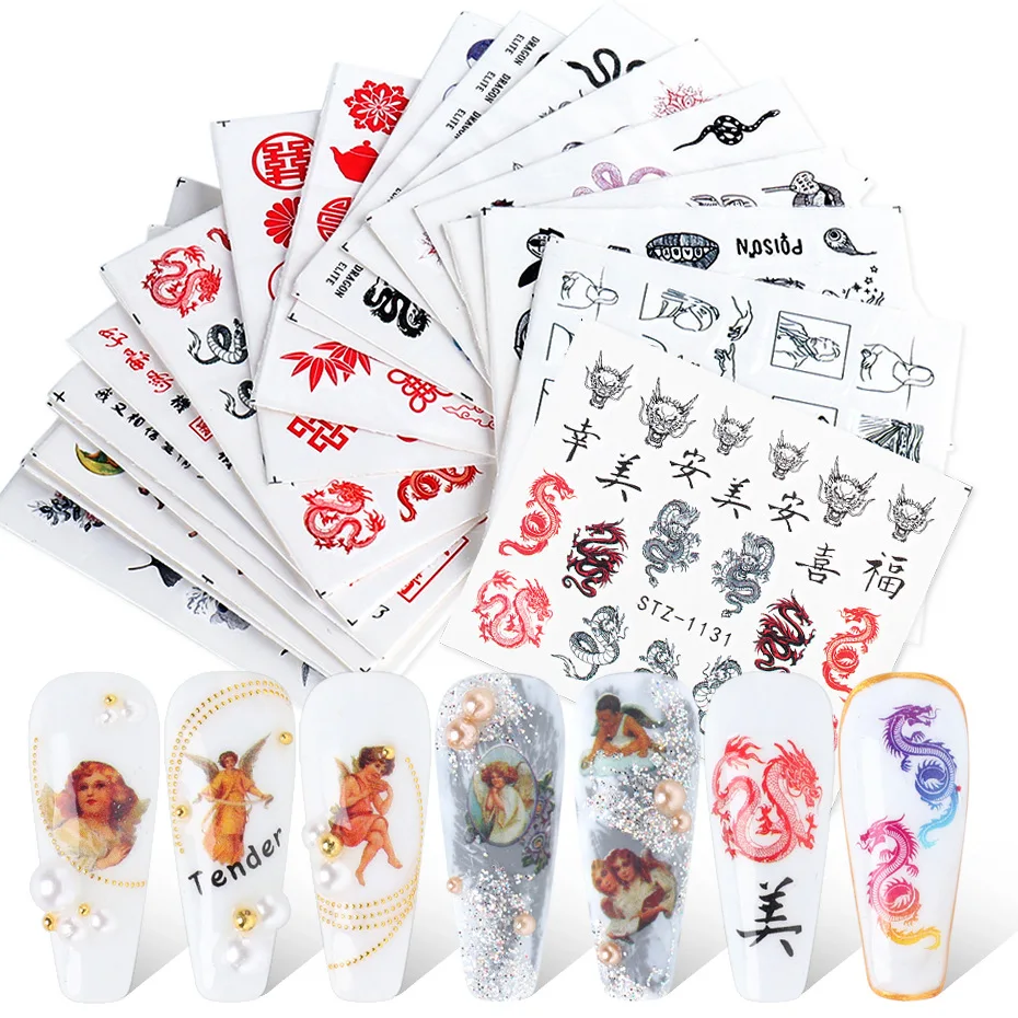 

24pcs/Lot Watercolor Cupid Angel Dragon Sliders INS Nails Decal Nail Art Decoration Water Stickers Tips Manicure