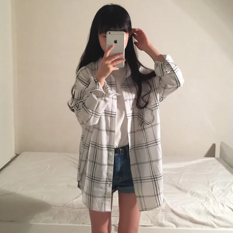 Женские рубашки Kawaii Ulzzang винтажная свободная клетчатая рубашка для девушек в