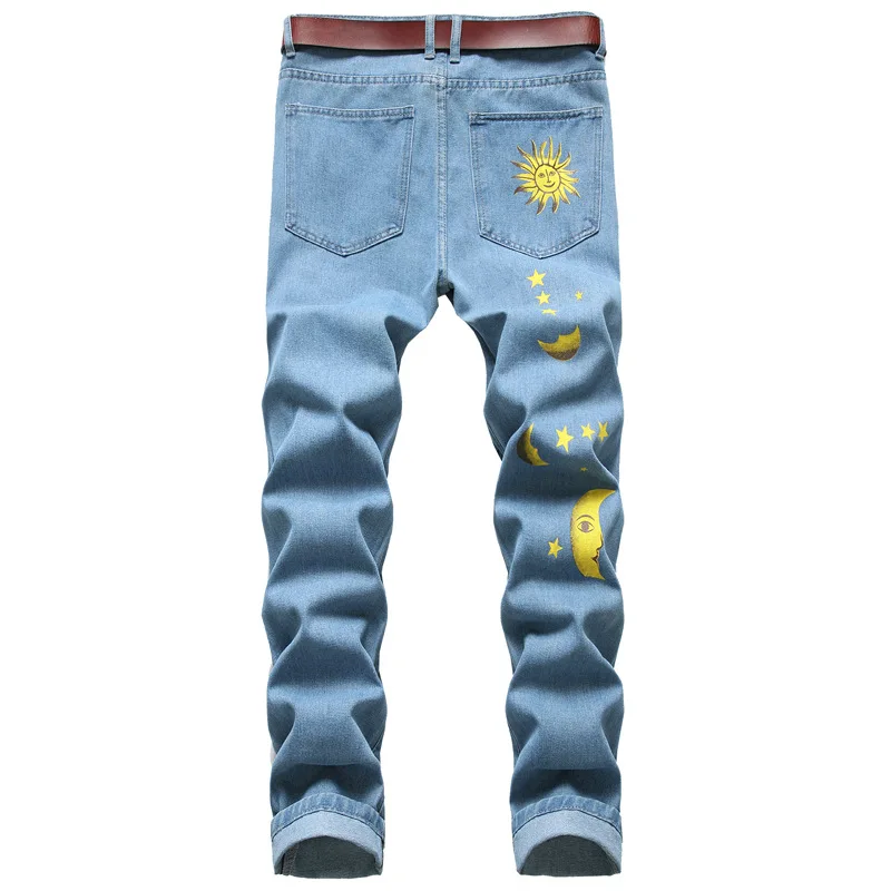 

Denim Jeans For Men Slim Pants Casual Broken Hole Long Trousers Print Butterfly Sun And Moon Mens Ripped Jeans