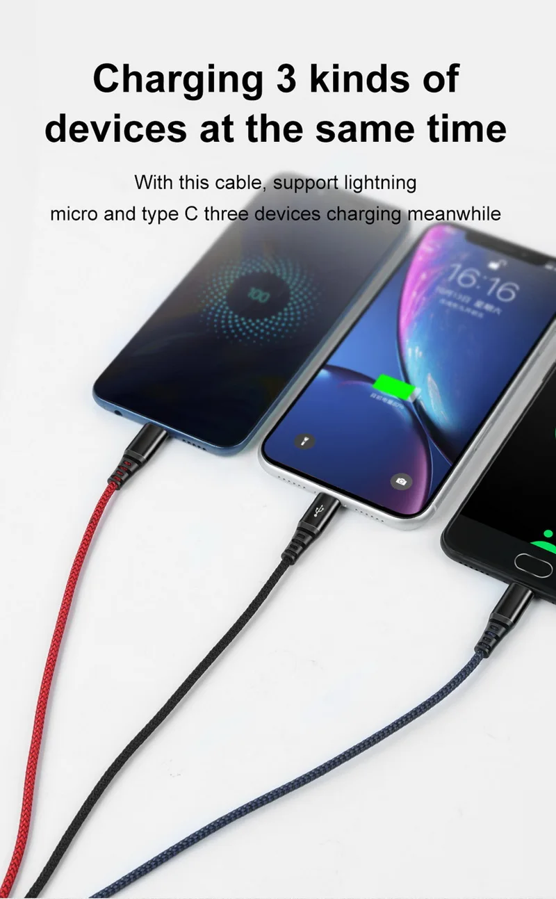 MCDODO 3 в 1, 3 А, USB кабель для мобильного телефона, Micro usb type-C, зарядный кабель для iPhone XS, huawei, samsung, S10, зарядный кабель type-C