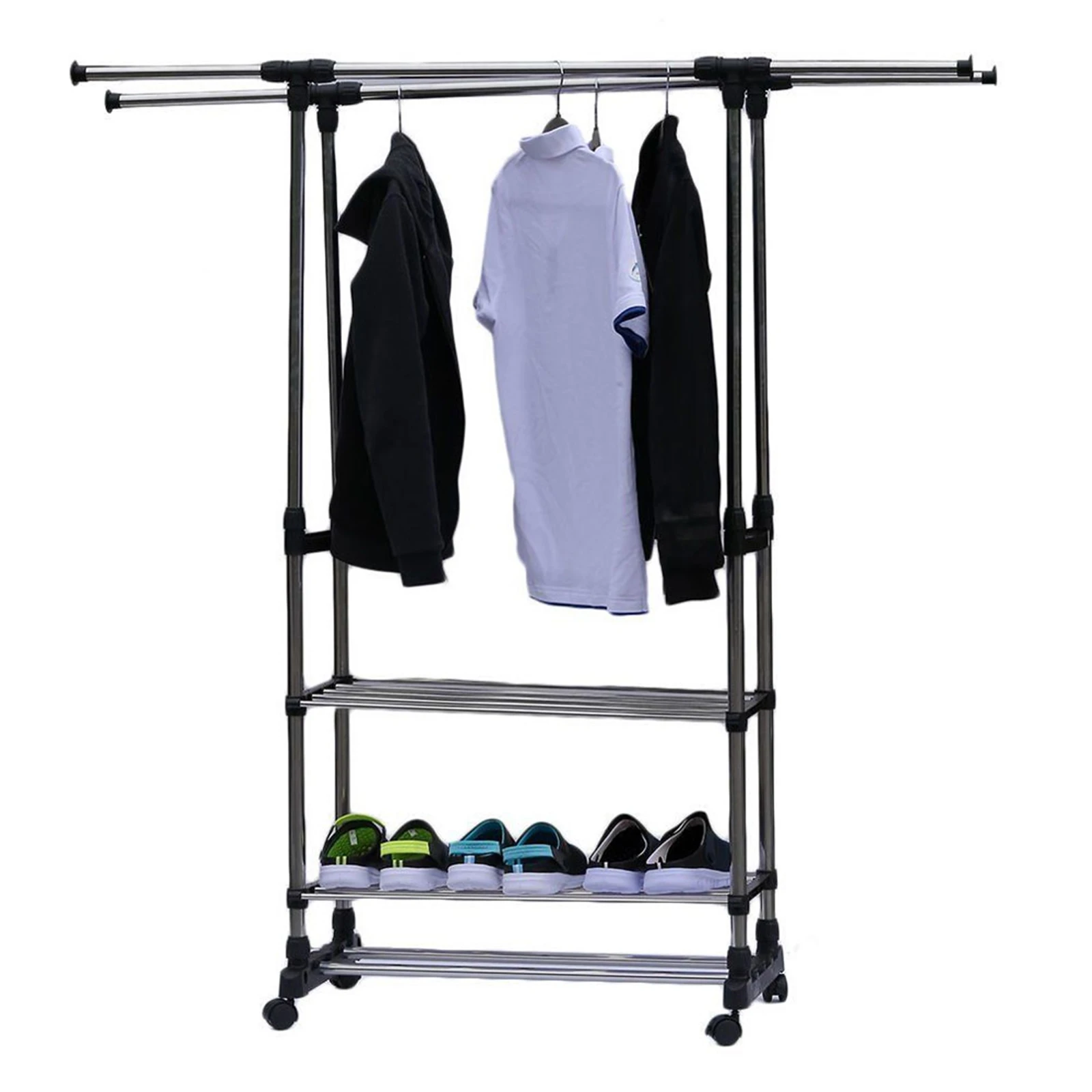 

Dual Bars Horizontal & Vertical Telescope Style 3 Tiers Stainless Steel Clothing Airing Holder Garment Shoe Rack[US-Stock]