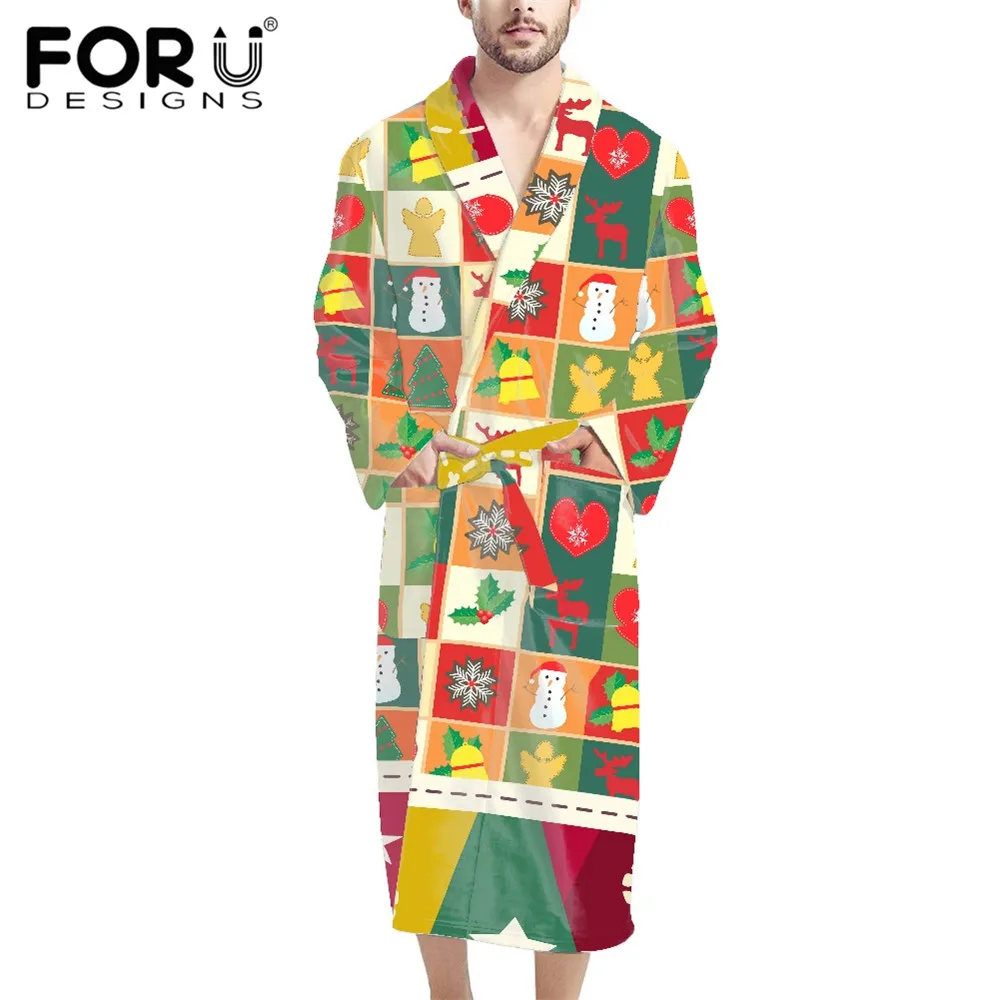 

FORUDESIGNS Christmas Elements Colorful Men's Nightgown Warm Robe Soft Coral Fleece Long Plush Bathrobe Plush Fluffy Housecoat